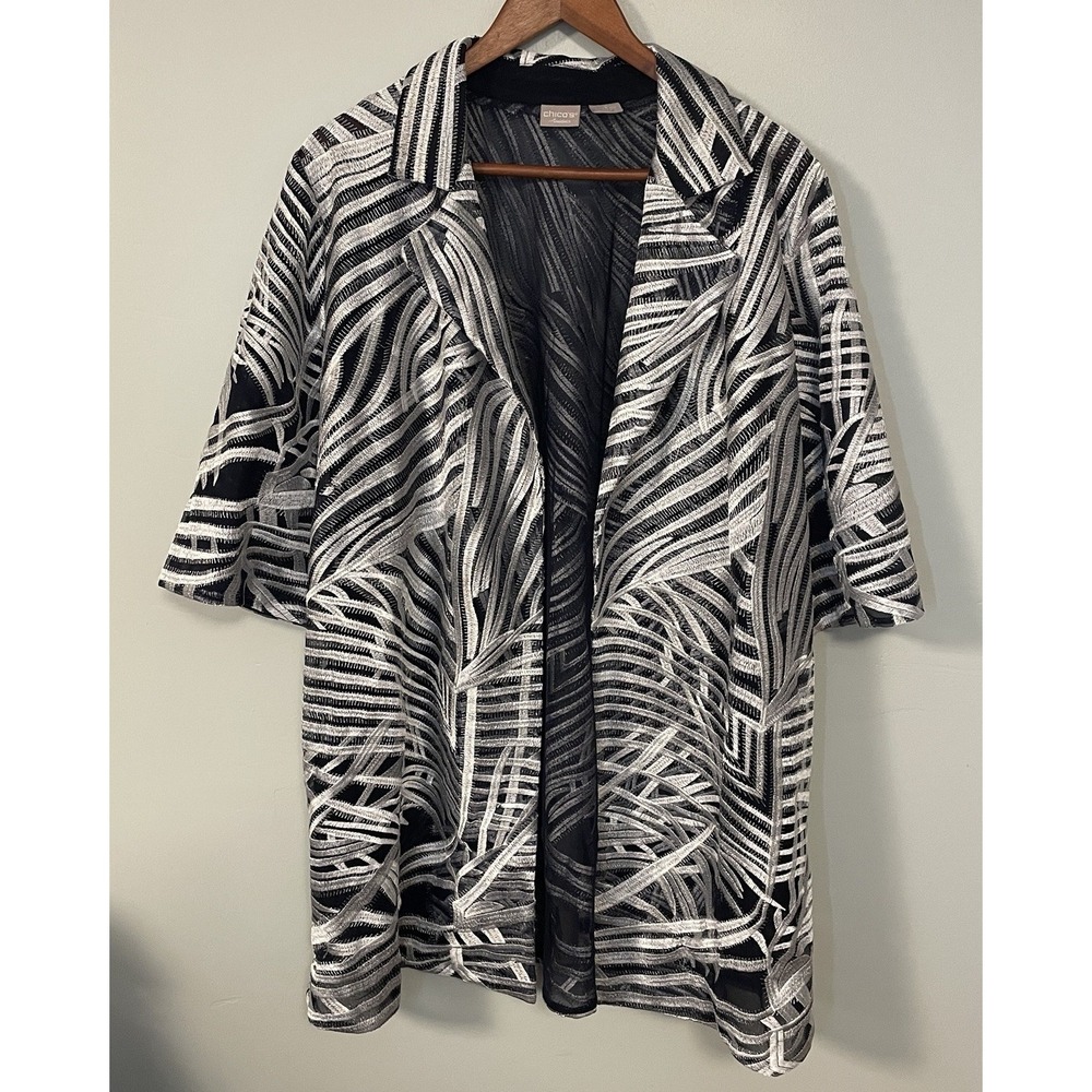 CHICO'S Travelers Jacket Open Front Navy White Women's Sz‎ 3 Metallic Look
